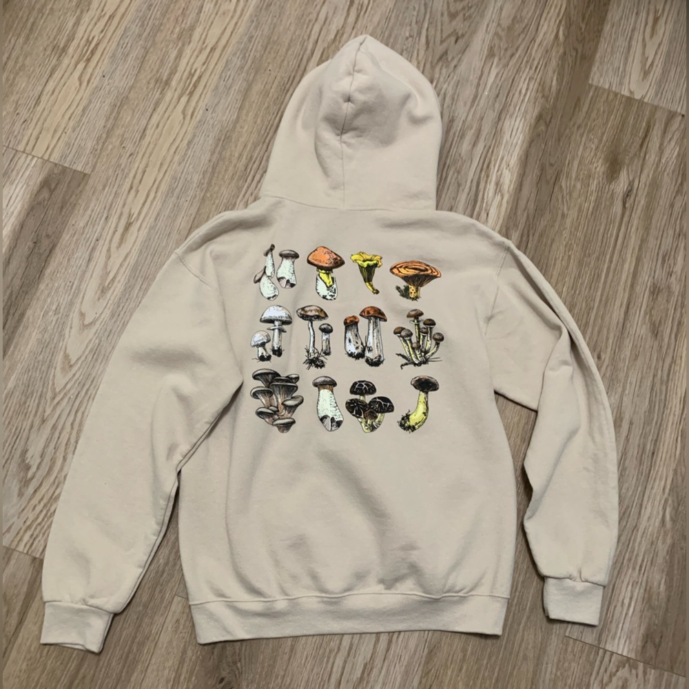 Mushroom Pullover Hoodie Kangaroo Pouch Beige Retro M